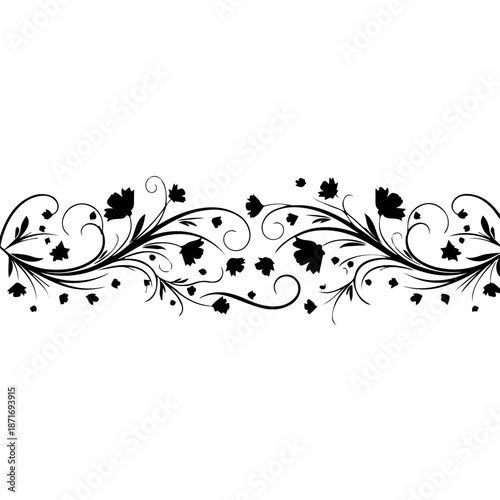 Elegant black floral illustration on a white background featuring swirling vines and leaves