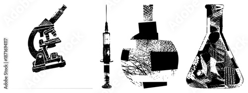 Scientific Lab Equipment Set with Microscope, Syringe, Flask and Beaker