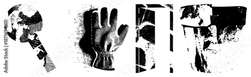 Four Abstract Silhouettes with Halftone Textures and Geometric Fragments