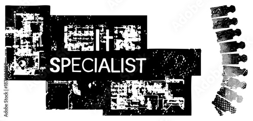 Bold Text "SPECIALIST" with Distressed Mechanical Background and Halftone Puzzle Pieces