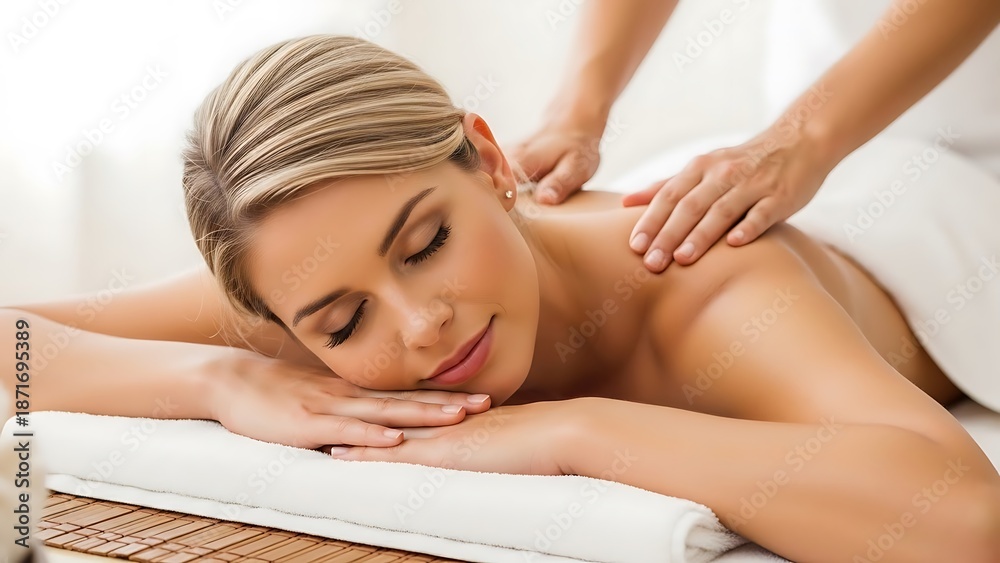 Fototapeta premium Serene woman receiving a massage on a white massage table with a soothing background