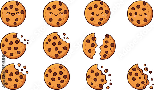 Cute chocolate chip cookie cartoon set with smiling faces bites crumbs and broken cookies flat vector illustration