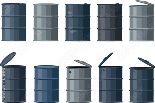 Oil Drum Collection Metallic Barrels in Varying Shades and Open Configurations