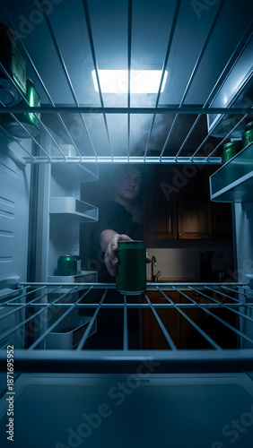 Late night fridge search for a cold drink