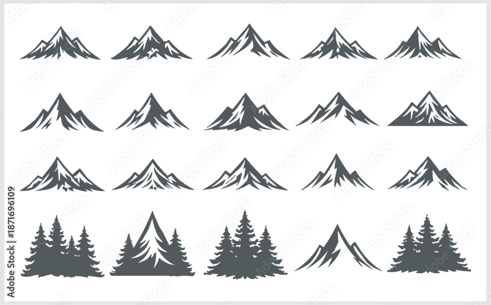 Obraz premium Collection of mountain and pine tree silhouettes in various shapes and sizes