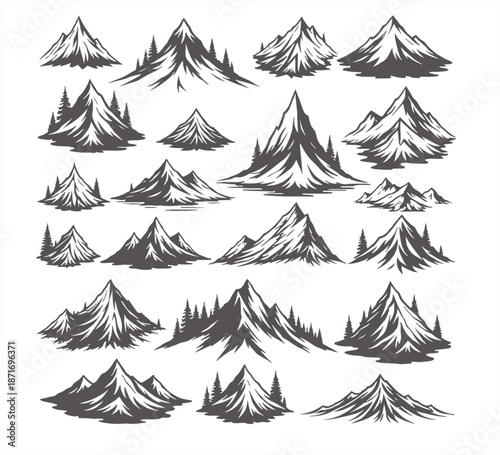 Collection of various mountain ranges and peaks in a sketch style