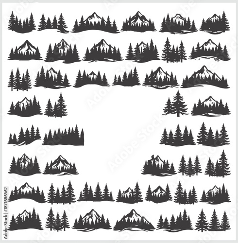 Collection of various forest and mountain landscape silhouettes