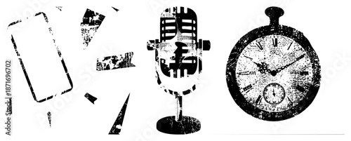 Vintage Microphone, Stopwatch, and Smartphone with Distressed Texture