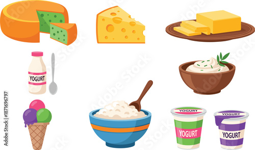 Set of dairy products including cheese, butter, yogurt, ice cream and cottage cheese in flat vector style