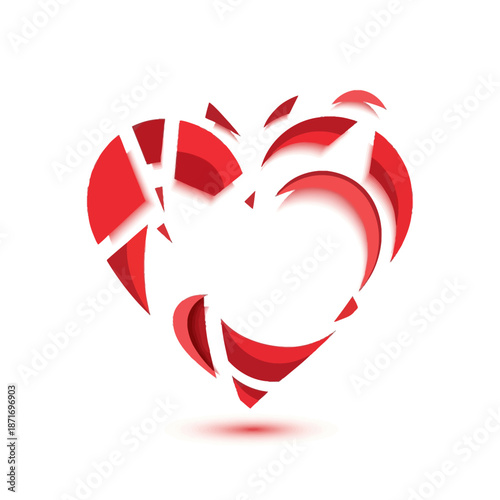 Broken heart symbol in red shattered pieces on white