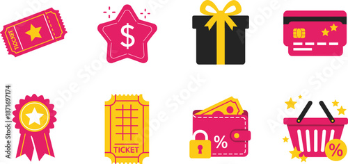 Shopping discount and reward icons vector set with tickets, gift box, wallet, credit card and sale symbols