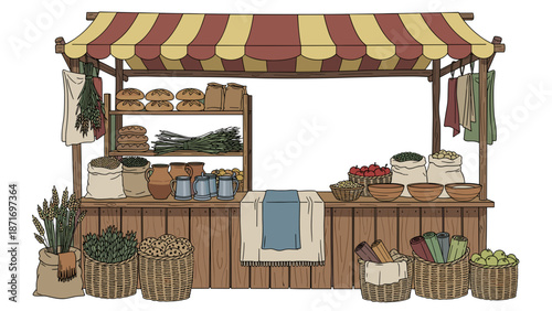 Market Stall Filled With Fresh Produce & Goods, Cartoon Illustration Conveying Nostalgia and Traditional Values, Isolated on transparent background for Easy Integration