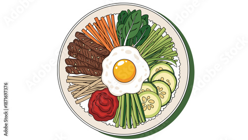 Delicious Bibimbap Bowl Illustration: Korean Cuisine Delight, Healthy Eating Concept, Traditional Meal Recipe, Fresh Ingredients, Food Presentation, isolated on transparent background