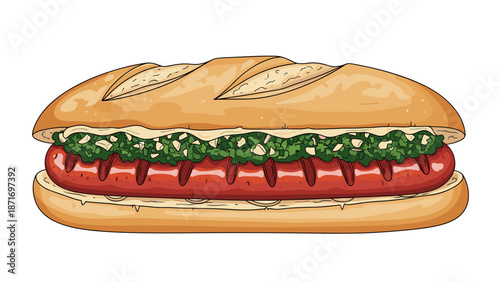 Choripan Delight: Grilled Sausage Sandwich with Chimichurri, a Flavorful Street Food Icon isolated on transparent background. Gastronomic Temptation, Delicious BBQ