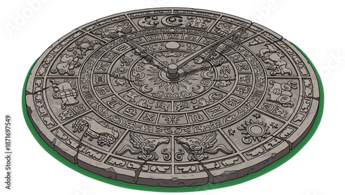 Ancient Astrological Stone Clock with Zodiac Symbols, Weathered and Textured, Isolated on transparent background. Historic Mayan Prophecy, Vector Illustration.