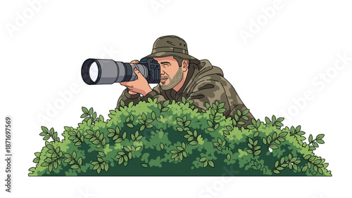 Photographer Hiding in Bushes with Camera, Wildlife Observation, Vector Illustration, Paparazzi Cartoon Style, Isolated on transparent background