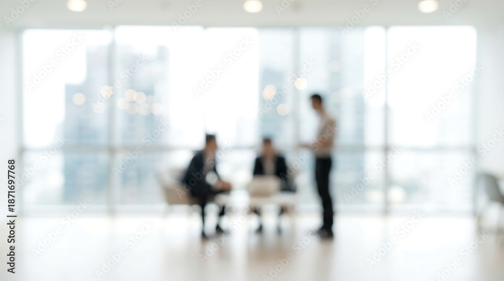 Fototapeta premium A blurred image showcasing a modern office setting with three individuals engaged in a discussion near a large window with a city view