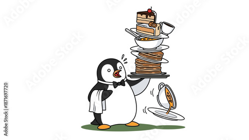 Cartoon Penguin Waiter Balancing Cake, Pancakes, and Soup, Isolated on Transparent Background. Anxious Character Struggling with Food Service Vector Art.