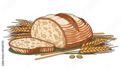Artisan Bread Loaf Vector Illustration, Delicious Homemade Food with Wheat Stalks, Bakery Concept, Rustic Style, Isolated on transparent background for Healthy Lifestyle Designs