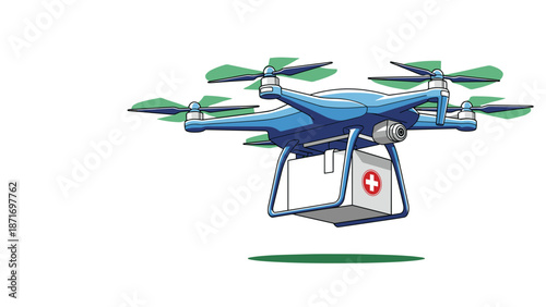 Medical Drone Delivery Vector, Fast Aid, Isolated on transparent background. Modern Healthcare Technology for Emergency, Urgent Medicine, Pharmacy, and Supply Transportation.