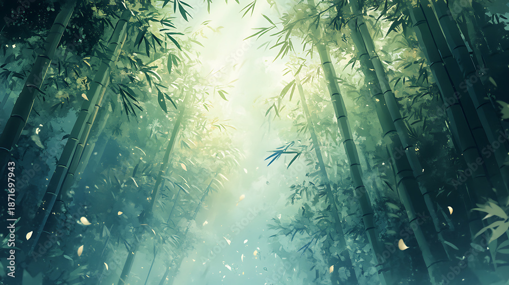 Obraz premium Sunlight filtering through a dense bamboo forest canopy.