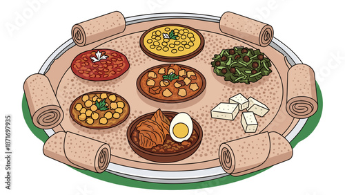 Delicious Ethiopian Food Injera Vector Illustration: Vibrant Meal, Authentic Cuisine, Vegetarian Options on Flatbread, Tasty Spices, Isolated on transparent background.