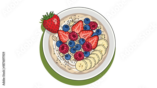 Healthy Oatmeal Breakfast Bowl Vector Illustration with Fresh Fruits: Strawberry, Raspberry, Blueberry and Banana, Delicious Morning Meal, Isolated on Transparent Background