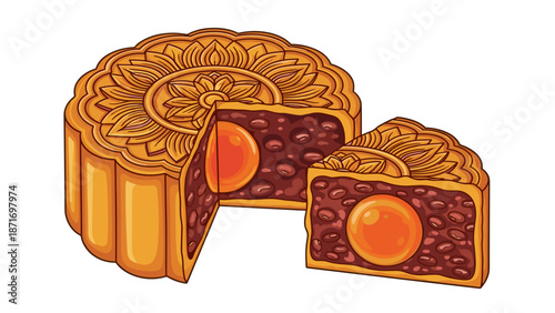 Mid-Autumn Festival Mooncake Vector Illustration: Traditional Asian Dessert with Red Bean Paste and Egg Yolk, Celebration Food Isolated on Transparent Background.