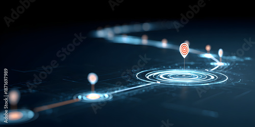 Visualization depicts a digital pathway with illuminated marker pins, showcasing a route towards a target destination across a dark, abstract background with blue and orange lighting.