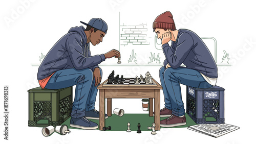 Chess Game Strategy: Two Young Men Deep in Thought, Playing Chess Match Outdoors, Thinking and Concentrating, Artistic Vector Illustration isolated on transparent background.