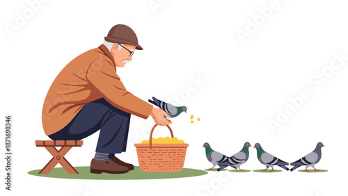 Elderly Man Feeding Pigeons, Sharing Food, Generosity, Kindness, and Friendship, Isolated on Transparent Background. Vector Illustration of a Senior Citizen with Birds.