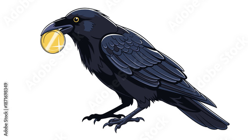 Wealthy Crow Holding Shiny Gold Coin, Treasure Concept. Isolated on transparent background, vector illustration. Mascot, Investment, Finance, Success Symbol.