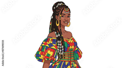 Beautiful African Woman with Braids and Colorful Dress, Vector Illustration for Culture and Fashion, Isolated on transparent background, Smiling