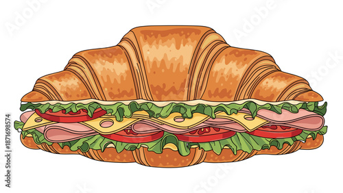 Delicious Croissant Sandwich Vector Illustration: Fresh, Tasty Meal with Ham, Cheese and Salad, Ideal for Menu Design, isolated on transparent background.