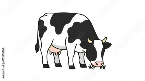 Cartoon Cow Grazing in Pasture, Cute Dairy Farm Animal, Black and White, Happy Mascot, Farm Life Icon isolated on transparent background. Vector Illustration.