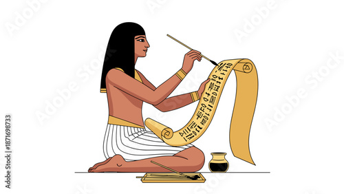 Egyptian Scribe Writing on Papyrus Scroll, Ancient Hieroglyphs, Isolated on transparent background. History, Education, Knowledge, Archaeology, and Vector Illustration