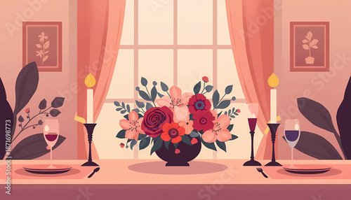 Cozy dinner setup with flowers and candles on table by window