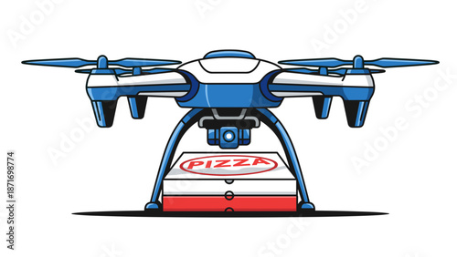 Pizza Delivery Drone Concept: Fast Food Innovation, Restaurant Technology & Future of Food Service, Autonomous Flying Vehicle, Vector Graphic isolated on transparent background.