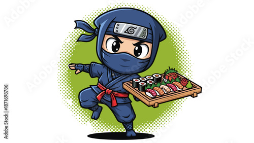 Ninja Chef Delivering Sushi: Cartoon Warrior with Japanese Food, Funny Mascot Character isolated on transparent background. Restaurant Food Delivery Concept.