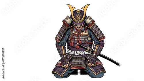 Honorable Samurai Warrior Kneeling in Armor, Traditional Japanese Bushido Code Illustration, Cultural Symbolism, Martial Arts Design, Isolated on transparent background.