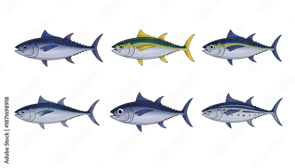 Fototapeta premium Group of Six Fish with Blue and Green Colors Swimming in Water
