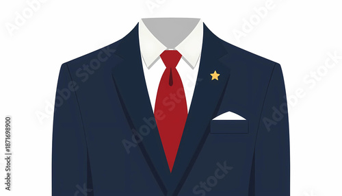 Elegant business suit with red tie and gold star lapel pin