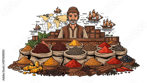 Spice Trader Vector Illustration: Happy Merchant with Colorful Spices and Trade Routes, Culinary Heritage, Global Commerce, isolated on transparent background. High-Quality Stock Graphic.
