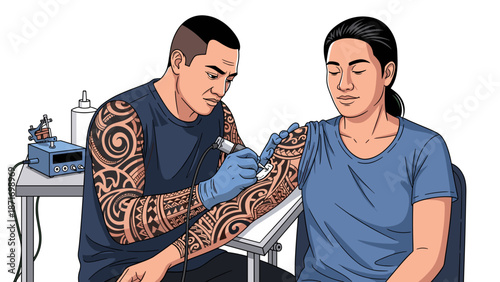 Tattoo Artist at Work: Polynesian Tribal Tattoo Illustration, Applying Ink with Precision, Isolated on transparent background, Tattooing Concept, Art and Body Modification