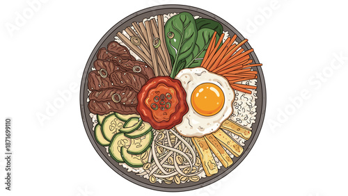 Delicious Cartoon Bibimbap Bowl with Fresh Vegetables and Egg, Korean Cuisine Illustration for Restaurant Menu, isolated on transparent background.