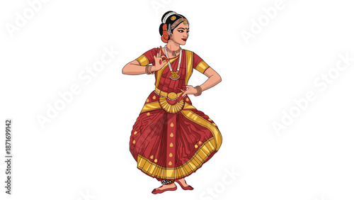 Bharatanatyam Dancer Illustration: Graceful Indian Woman Performing Classical Dance Pose, Cultural Heritage Artwork isolated on transparent background for Diwali, Weddings, Celebrations