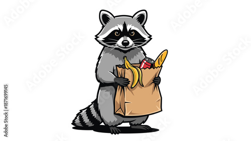 Funny Cartoon Raccoon Character Holding a Grocery Bag Vector Illustration, Cute Bandit, isolated on transparent background, for Stickers, T-shirts, and Design Projects.