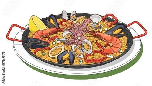 Delicious Seafood Paella Vector Illustration. Traditional Spanish Cuisine with Shrimp, Mussels, Octopus and Lemon isolated on transparent background for culinary designs.