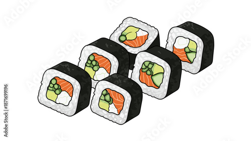 Delicious Sushi Rolls with Salmon, Avocado, and Cream Cheese, Healthy Asian Food, Isolated on transparent background, Perfect for Restaurant Menu Design