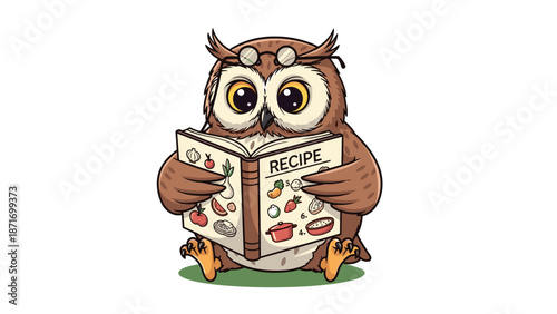 Cartoon Owl Reading Recipe Book - Illustration of Smart Bird with Glasses, Adorable Culinary Mascot Vector isolated on transparent background for Menu Design
